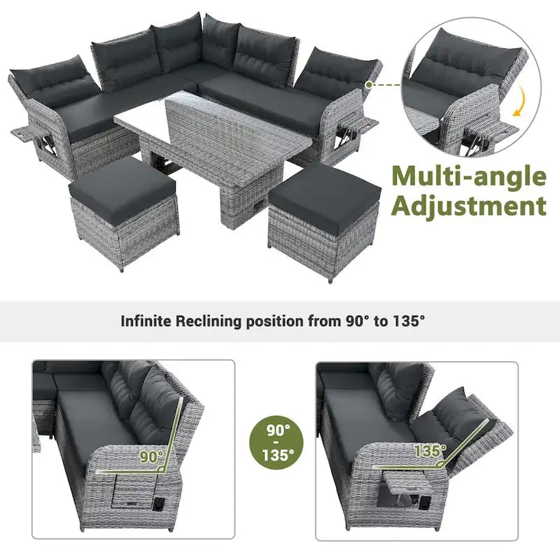 Outdoor-Rattanmöbel-Set mit verstellbarem Tisch, Relaxsesseln und 2 Hockern