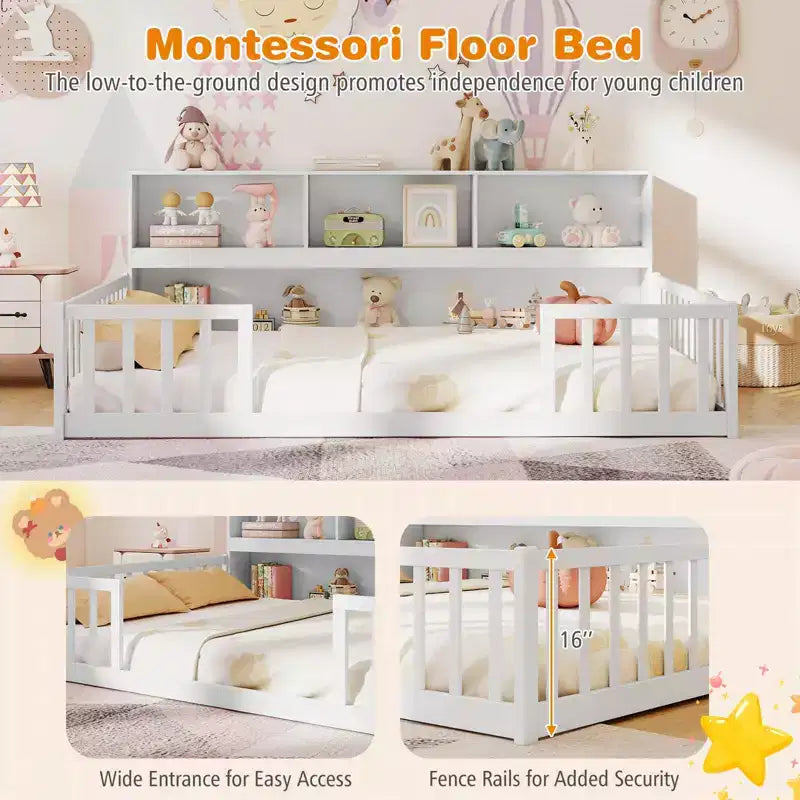 Łóżko podłogowe Montessori w rozmiarze Twin/Full z półkami na książki i miejsce do przechowywania oraz barierkami ochronnymi, białe/szare