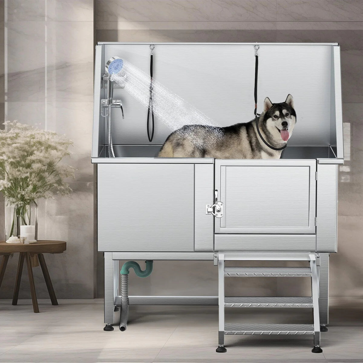 Vasca regolabile in acciaio inox da 50" W per toelettatura degli animali domestici con rampa a gradini