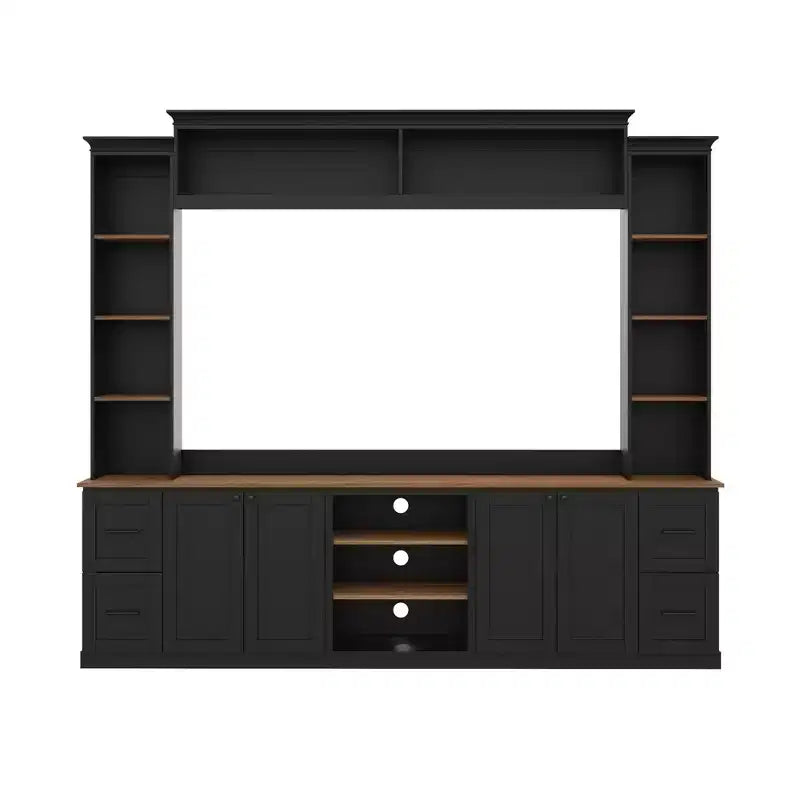 ModernLuxe 4-in-1-Farmhouse-Entertainment-Center als Wandeinheit, passend für Fernseher bis 70, TV-Ständer und Medienkonsole mit verstellbaren Regalen und Schubladen