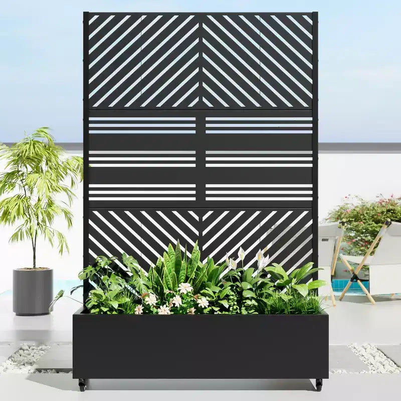 Jardinière MAYEERTY avec treillis, fer noir, lignes parallèles 01, style classique à persiennes combiné, 72x47x16 po, ensemble de 3 pièces