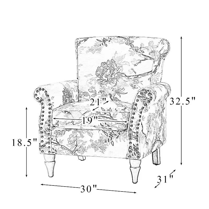 Sillón floral tradicional Araceli con estructura de madera, tapizado, respaldo alto con alas y acabado de tachuelas| ART OF LIVING DESIGNS