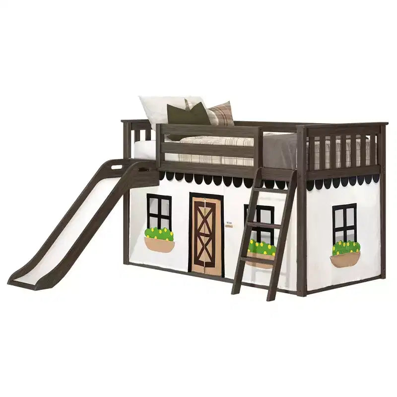Lit superposé bas une place sur une autre avec toboggan facile à utiliser et rideau de ferme noir et blanc