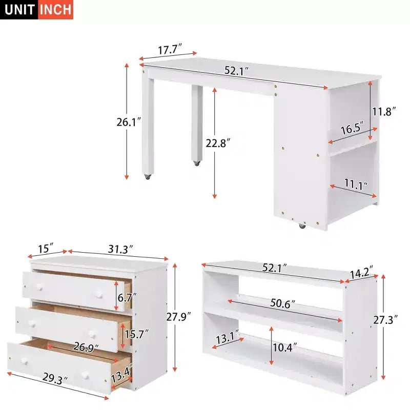 Lit mezzanine bas 2 places avec bureau coulissant, 3 tiroirs et étagères
