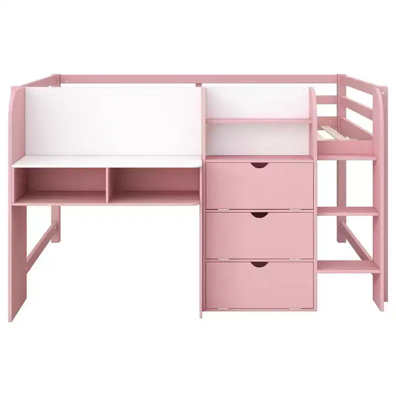 Niedriges Hochbett in Pink/Weiß mit Schreibtisch, Stauraum und Whiteboard - C Twin, 1 Person