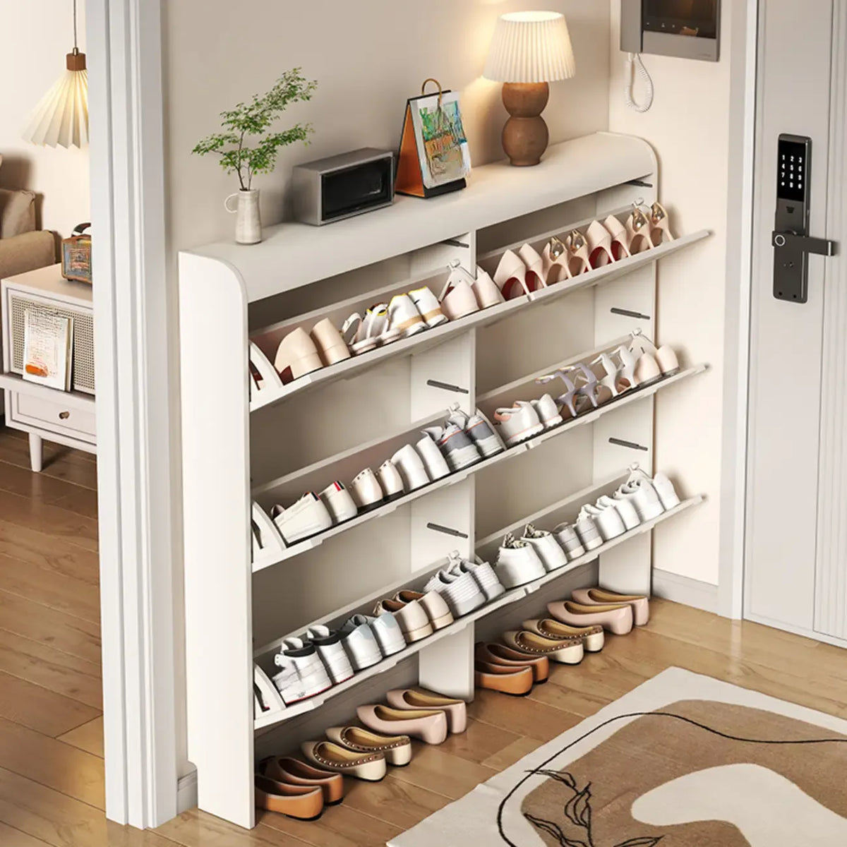 Meuble à chaussures blanc en bois, étroit, à 3 niveaux avec portes basculantes