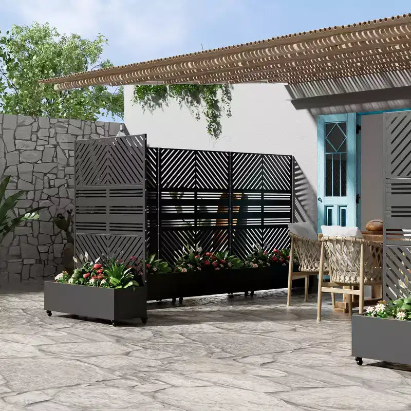 Jardinière MAYEERTY avec treillis, fer noir, lignes parallèles 01, style classique à persiennes combiné, 72x47x16 po, ensemble de 3 pièces