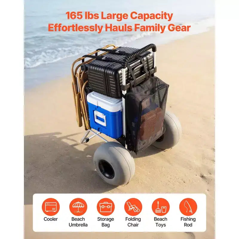 VEVOR Strandwagen mit großen Rädern für Sand, 20 x 15 Zoll Ladefläche, faltbarer Sandwagen mit 12 Ballonrädern, Tragfähigkeit 165 lbs, Silber + Schwarz