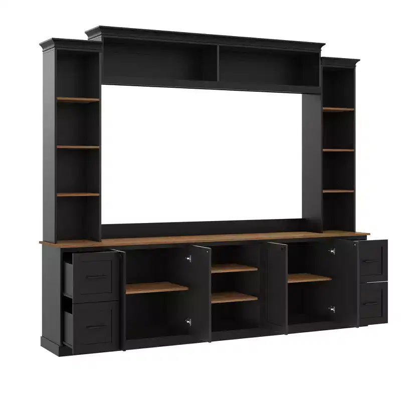 ModernLuxe 4-in-1-Farmhouse-Entertainment-Center als Wandeinheit, passend für Fernseher bis 70, TV-Ständer und Medienkonsole mit verstellbaren Regalen und Schubladen
