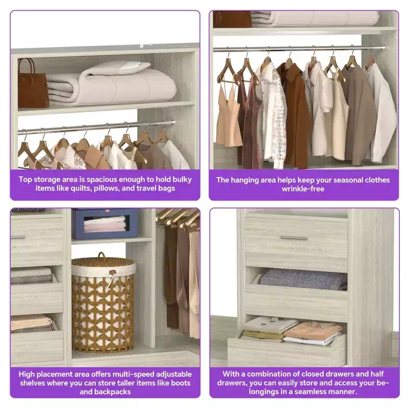 Besiost 3-teiliges Eck-Kleiderschranksystem mit Regalböden und Schubladen, freistehender Kleiderschrank-Organizer mit Kleiderstangen