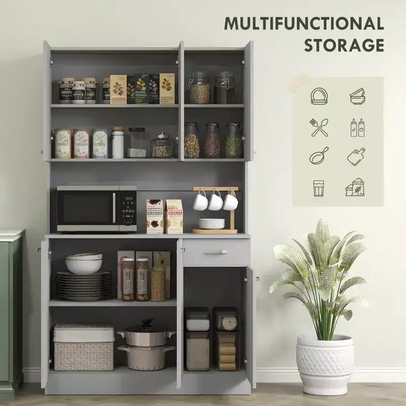 Meuble garde-manger de cuisine 71, meuble de rangement haut avec support pour micro-ondes, vaisselier de cuisine moderne, 3 étagères réglables pour le salon ou la salle à manger