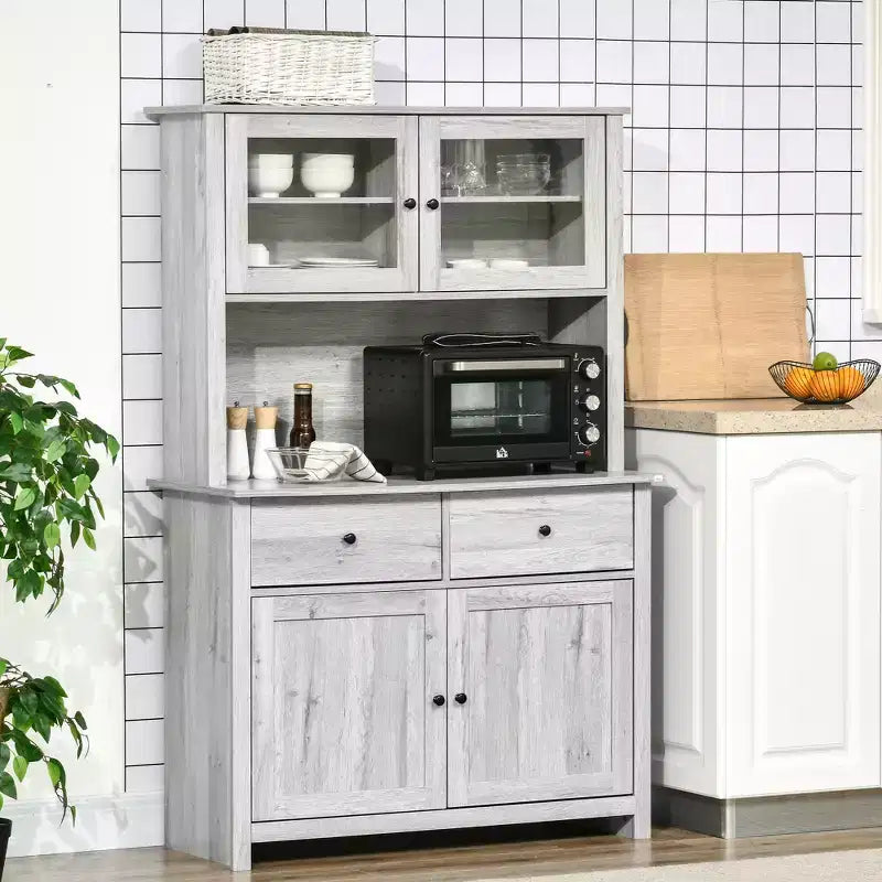 HOMCOM keukenbuffet van 63,5 inch met opzetkast, voorraadkast met 4 planken, laden, glazen deuren met frame en open werkblad voor magnetron