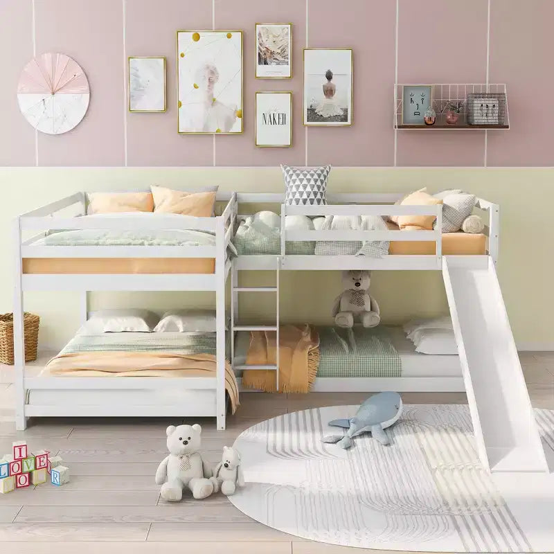 L-förmiges Etagenbett für 4 Kinder, Etagenbett für vier Personen mit Rutsche, Full- und Twin-Holzrahmen für Schlafzimmer oder Wohnheim