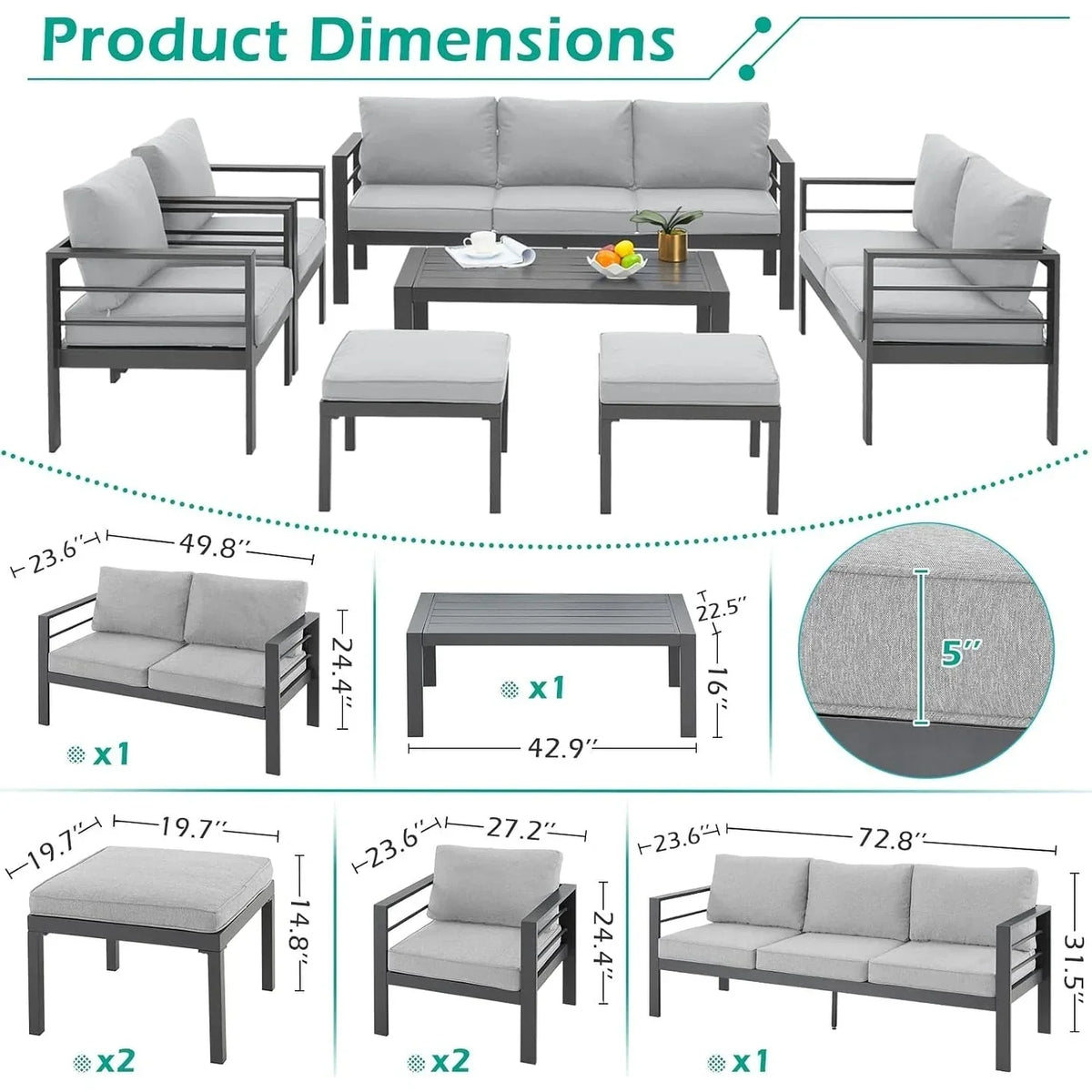 AECOJOY 7-delige aluminium tuinmeubelset voor buiten, loungeset