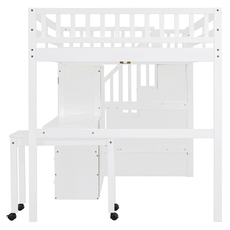 Lit mezzanine deux places avec escalier, bibliothèque, bureau et armoire – meuble multifonction gain de place pour enfants et adolescents – blanc