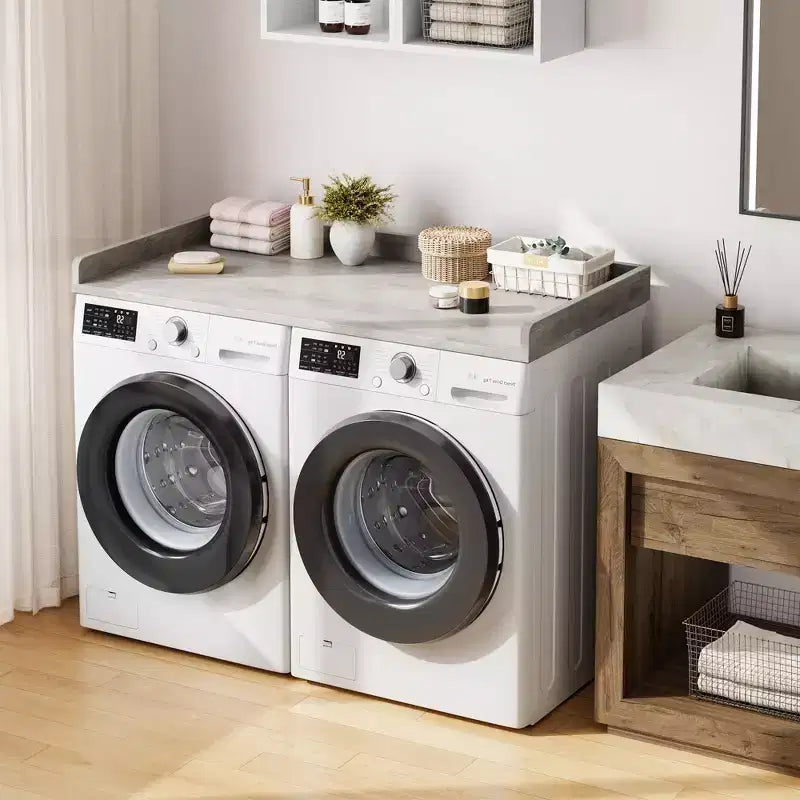 Plan de travail pour lave-linge et sèche-linge, plateau de buanderie avec rebord surélevé et tapis antidérapant pour panier à linge, rangement et organisation de la buanderie