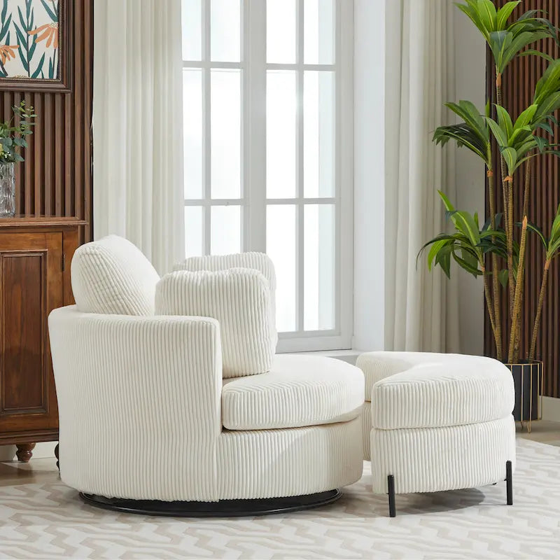 Fauteuil d’appoint pivotant rembourré de 42,3W avec 4 coussins et pouf de rangement demi-lune