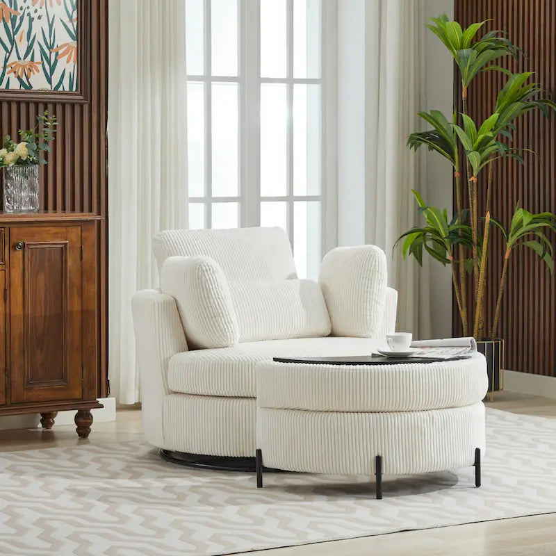 Fauteuil d’appoint pivotant rembourré de 42,3W avec 4 coussins et pouf de rangement demi-lune