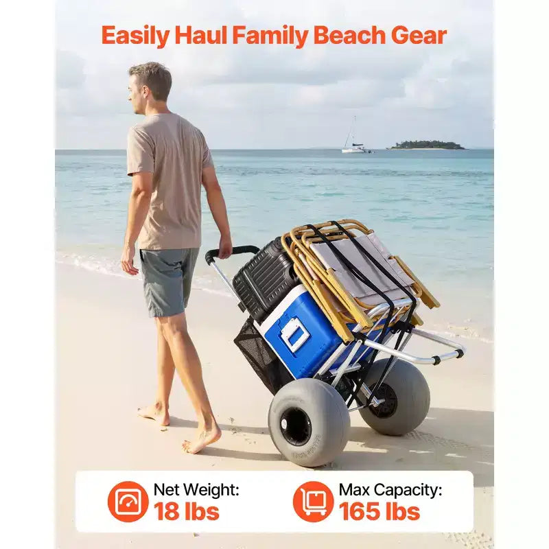 VEVOR Strandwagen mit großen Rädern für Sand, 20 x 15 Zoll Ladefläche, faltbarer Sandwagen mit 12 Ballonrädern, Tragfähigkeit 165 lbs, Silber + Schwarz