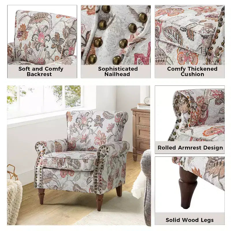 Sillón floral tradicional Araceli con estructura de madera, tapizado, respaldo alto con alas y acabado de tachuelas| ART OF LIVING DESIGNS