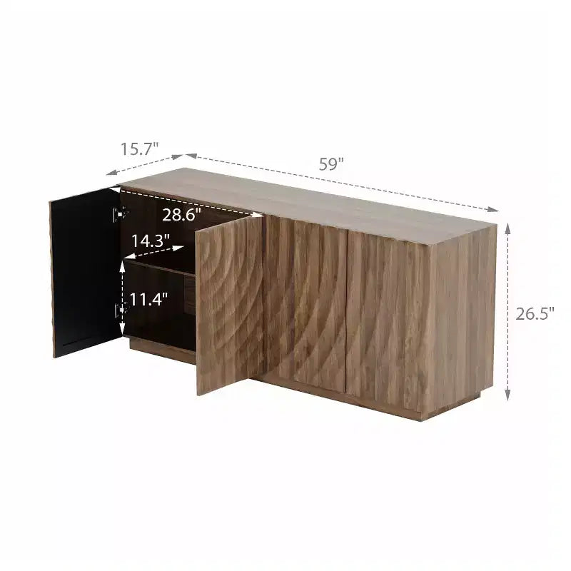 59 moderner Spiralen-Sideboard-Schrank, niedriges dekoratives Aufbewahrungsmöbel für den Eingangsbereich mit Türen in 3D-Wellenoptik