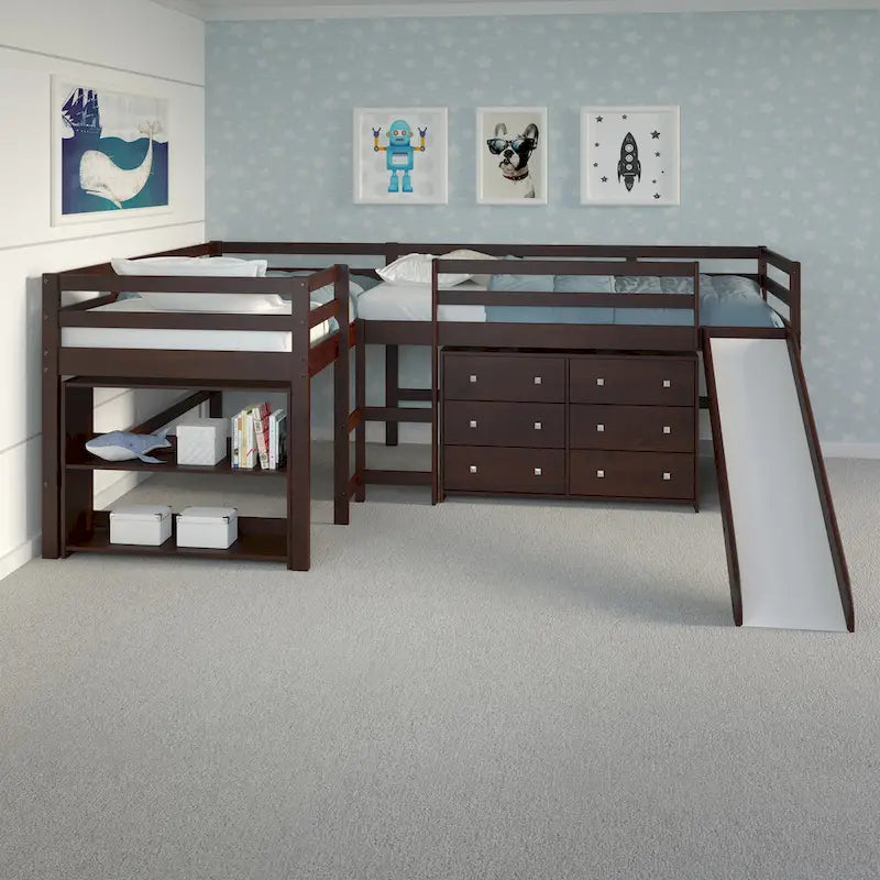 L-förmiges Doppel-Twin-Hochbett-Set mit Rutsche in dunklem Cappuccino