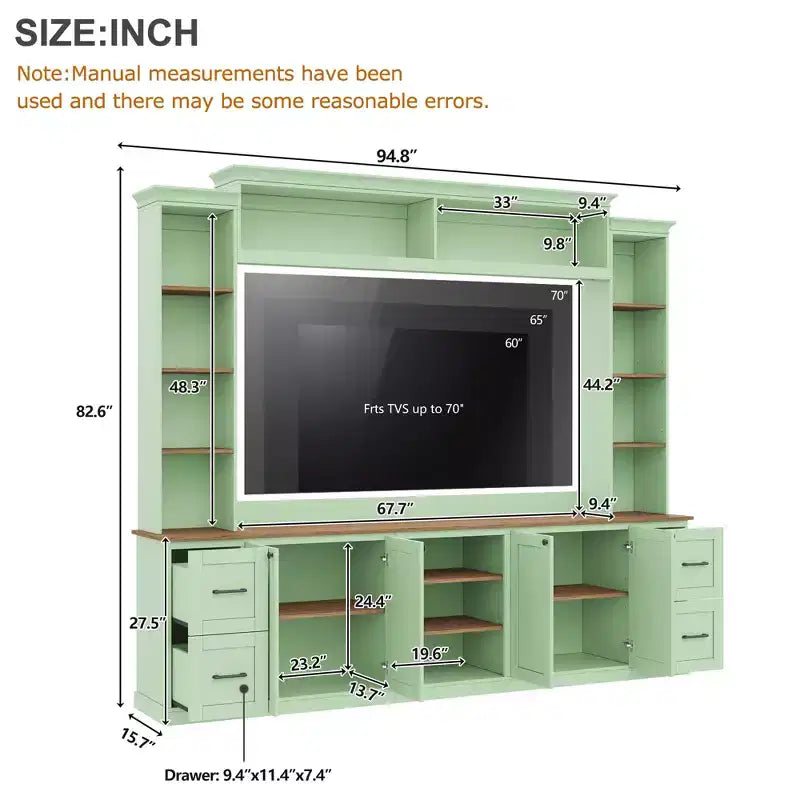 ModernLuxe 4-in-1-Farmhouse-Entertainment-Center als Wandeinheit, passend für Fernseher bis 70, TV-Ständer und Medienkonsole mit verstellbaren Regalen und Schubladen