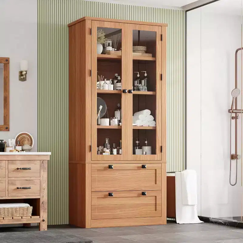Armoire de rangement de cuisine style champêtre avec portes vitrées, meuble de rangement de 72 pouces avec tiroirs et étagères réglables pour la salle à manger, la salle de bains ou le salon