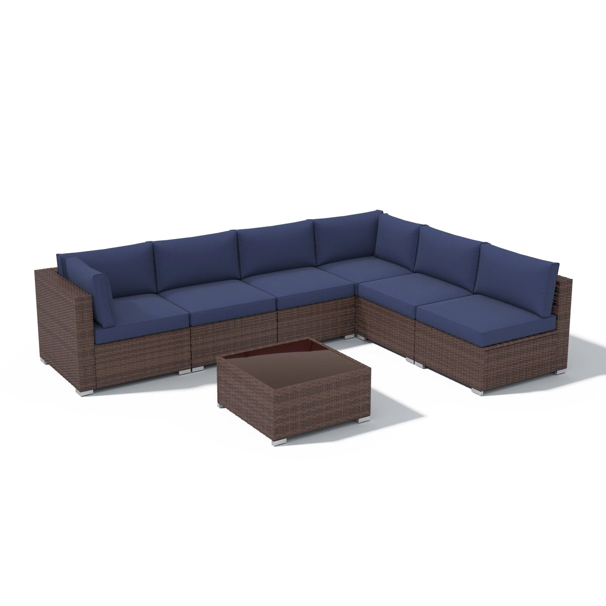 7-delige outdoor loungeset van vlechtwerk en staal met kussens