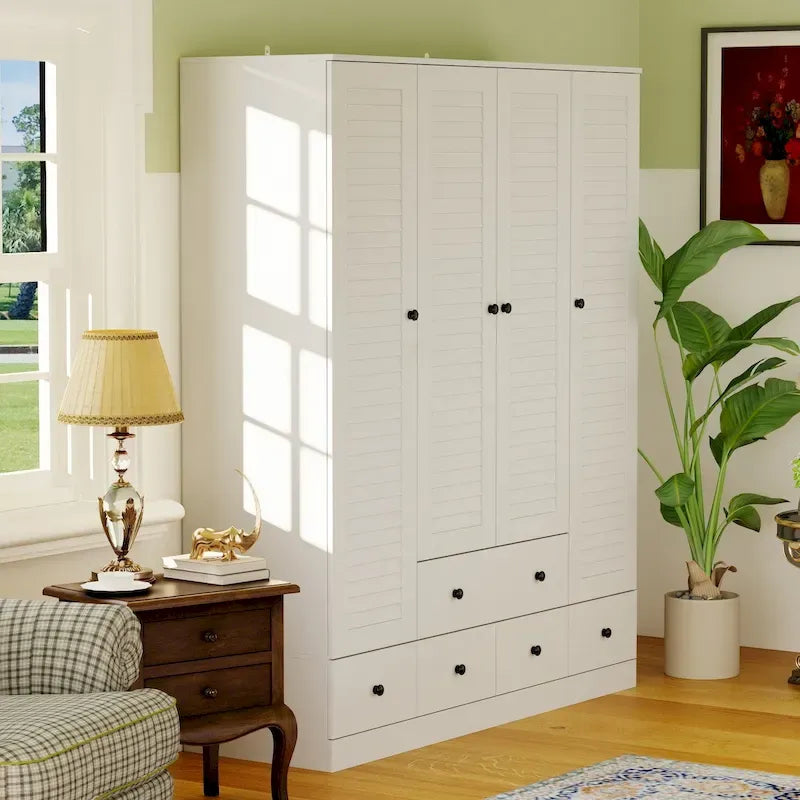 Armoire-penderie blanche de 59 po de large, grande armoire autoportante