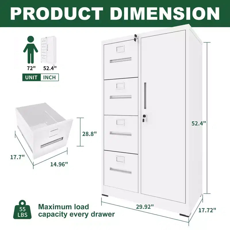 Classeur vertical de rangement en métal avec serrure, armoire à dossiers en acier à 4 tiroirs