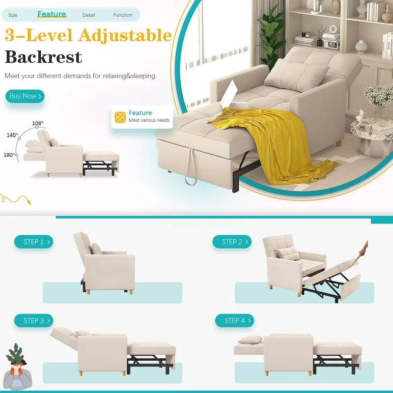 Fauteuil convertible 3-en-1 AECOJOY avec coussin et dossier réglable