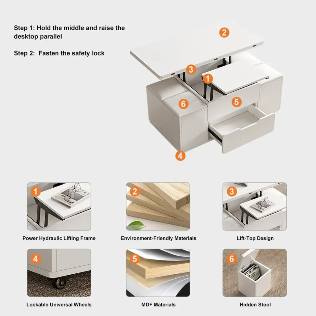 Table basse pliable à plateau relevable avec 4 tabourets et espace de rangement