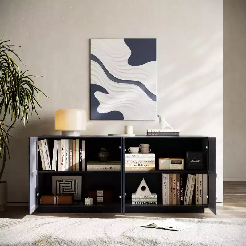 59 moderner Spiralen-Sideboard-Schrank, niedriges dekoratives Aufbewahrungsmöbel für den Eingangsbereich mit Türen in 3D-Wellenoptik