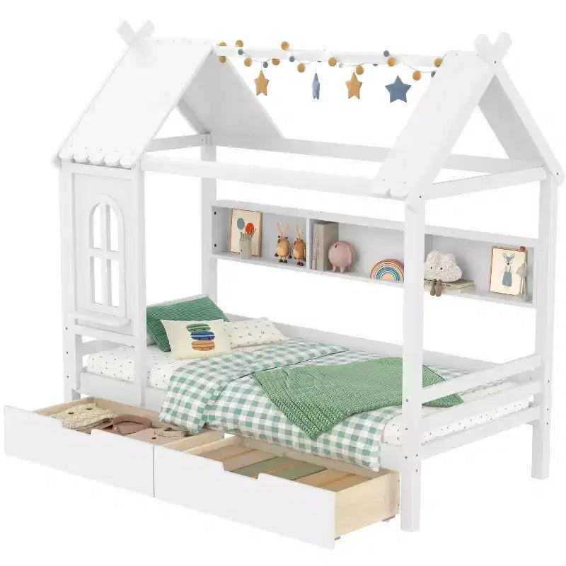 Huisbed met opbergladen en raam, frame van massief hout met planken, speels kinderdesign, lichtwit