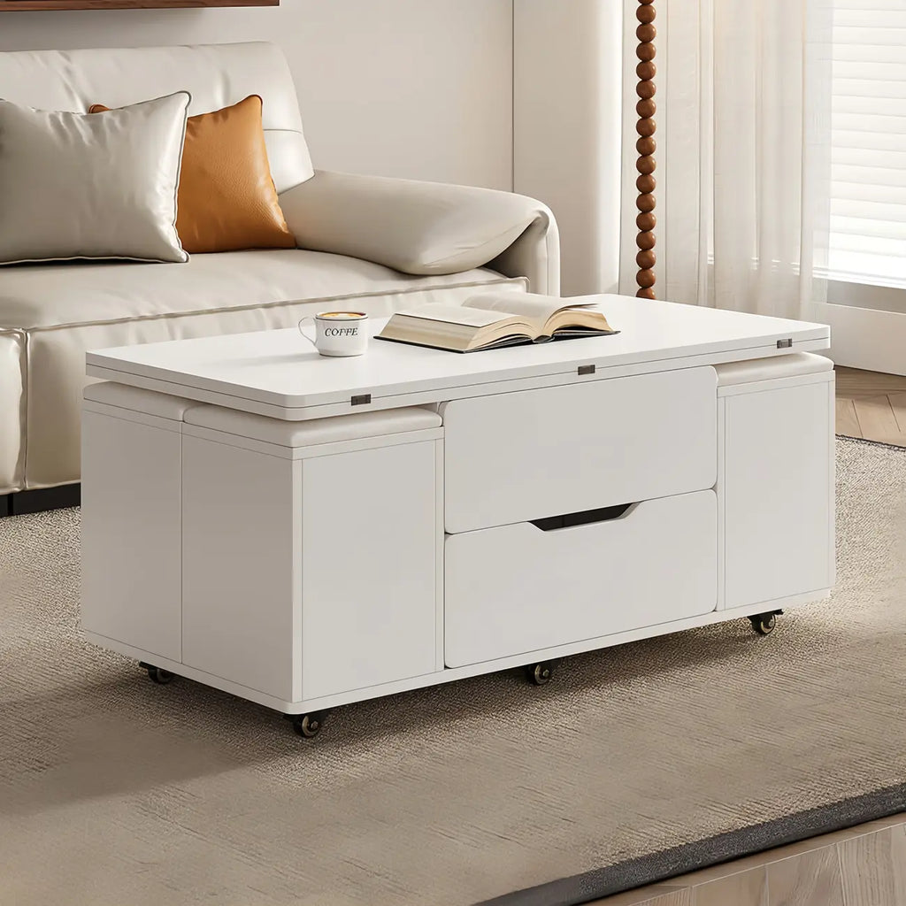 Table basse pliable à plateau relevable avec 4 tabourets et espace de rangement