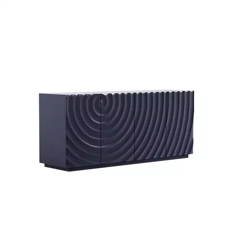 59 moderner Spiralen-Sideboard-Schrank, niedriges dekoratives Aufbewahrungsmöbel für den Eingangsbereich mit Türen in 3D-Wellenoptik
