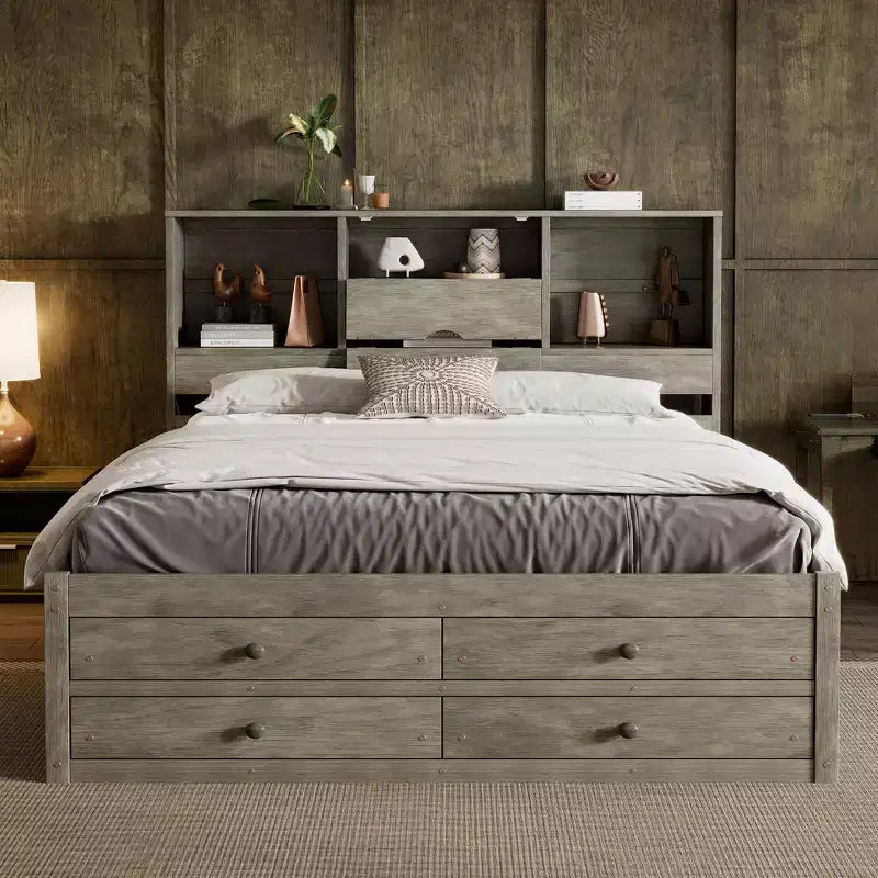Podestbett in Queen-Size mit Ablage und 8 Schubladen, einfache Montage
