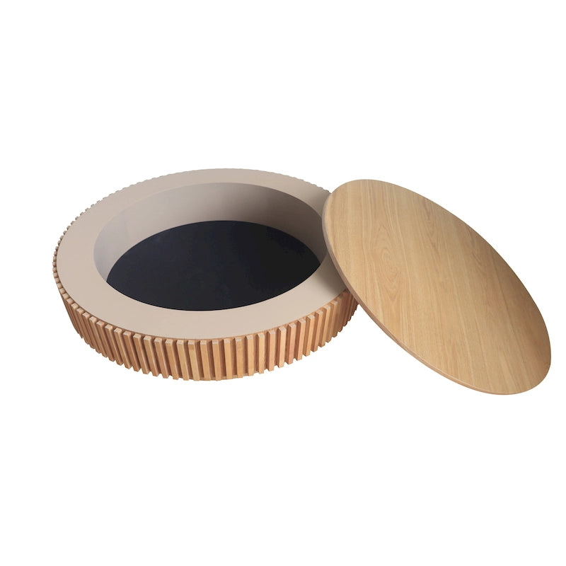 Table basse ronde moderne en bois massif plaqué avec rangement