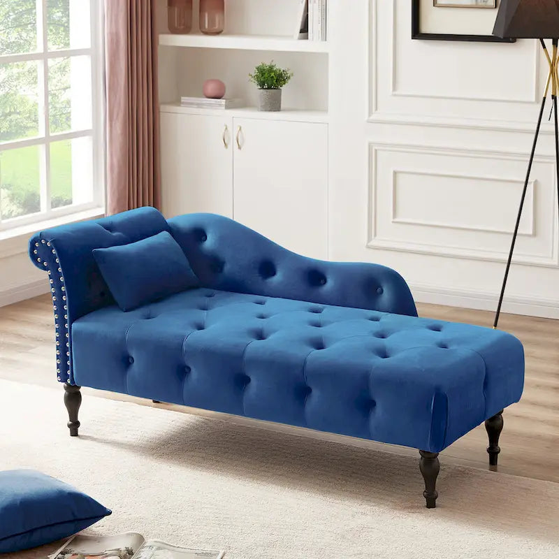 Chaise longue moderne de 60,6 po, revêtement en velours, boutons capitonnés, pieds en bois massif et clous décoratifs