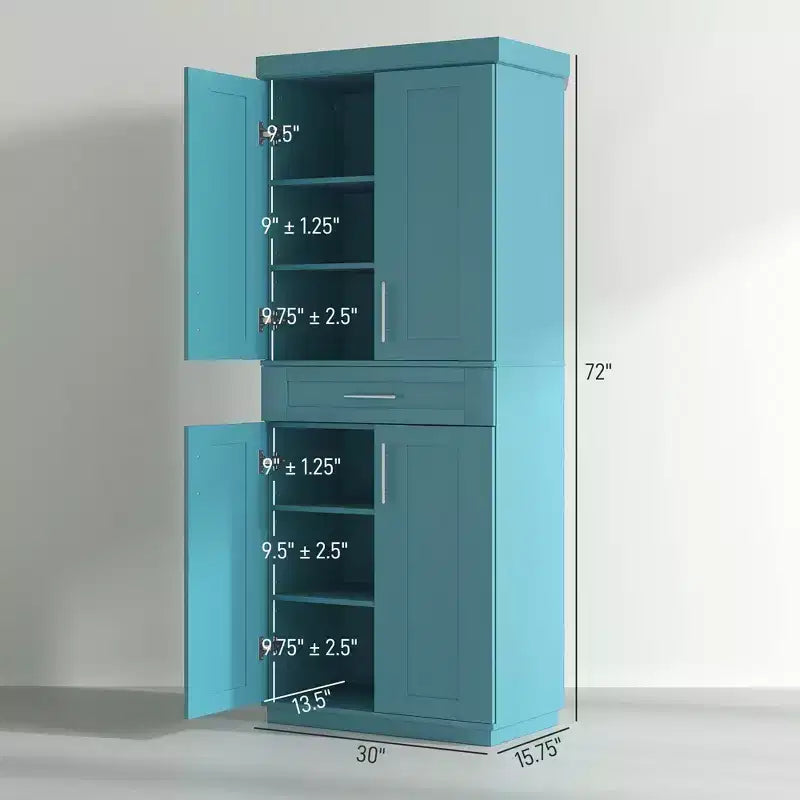 Meuble garde-manger de cuisine moderne autoportant avec portes et tiroir, étagères réglables