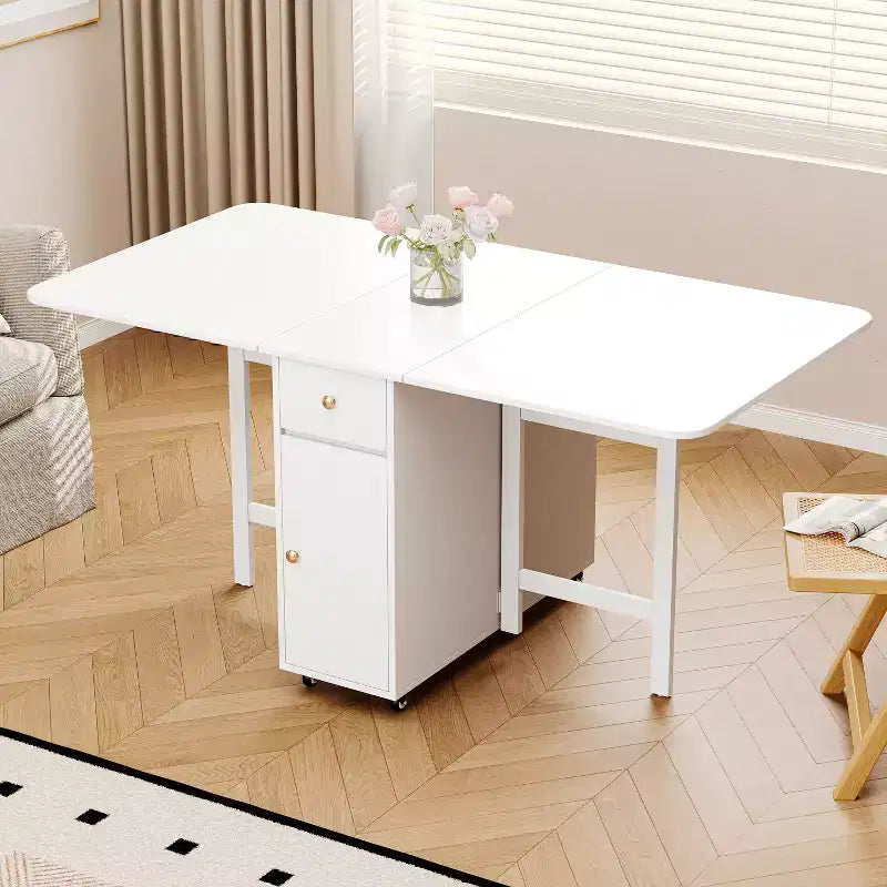 ATJafurn 59'' Foldable Dining Table with Drop Leaves for Small Space, Rectangular Wooden Extendable kitchen Table with Wheels and Storage