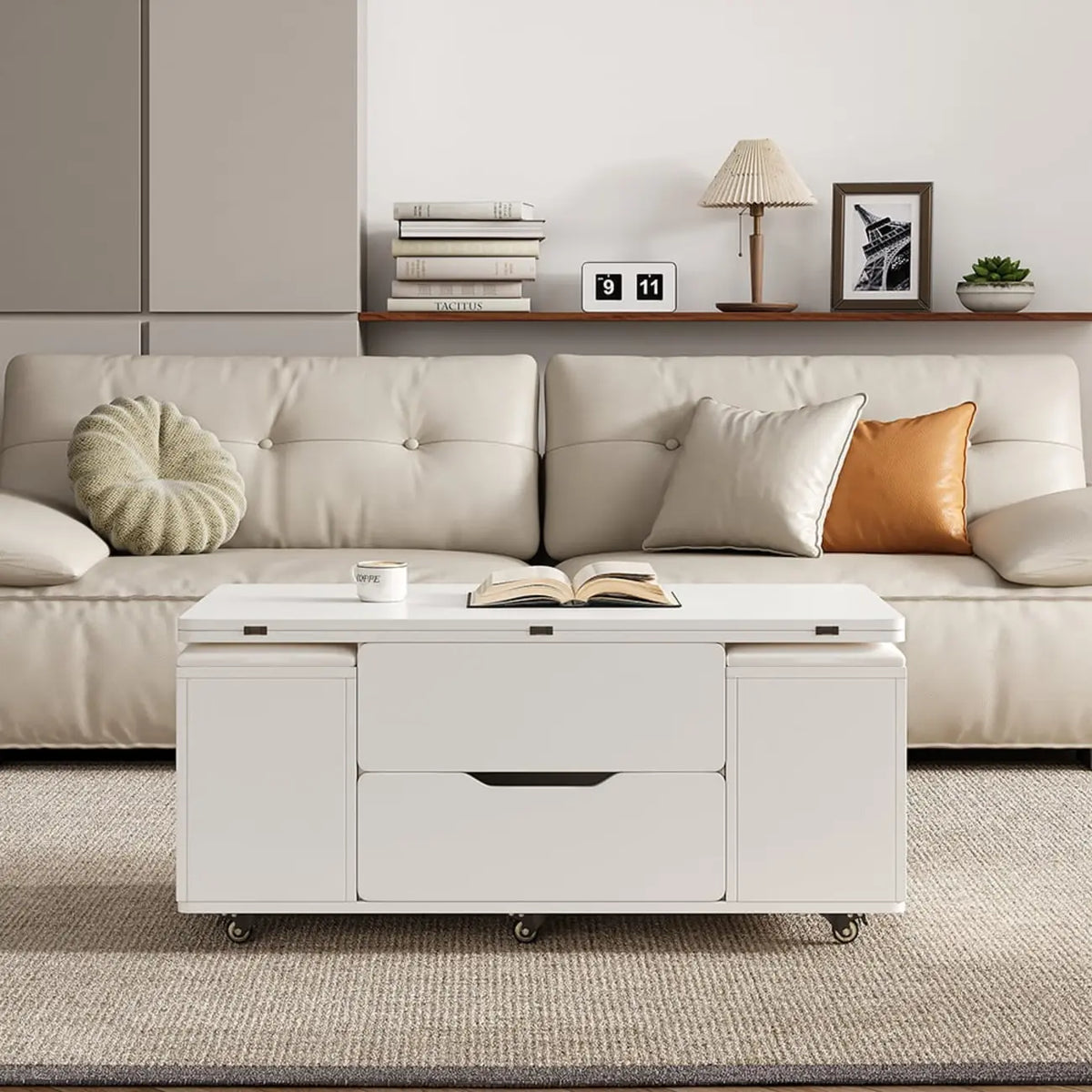 Table basse pliable à plateau relevable avec 4 tabourets et espace de rangement