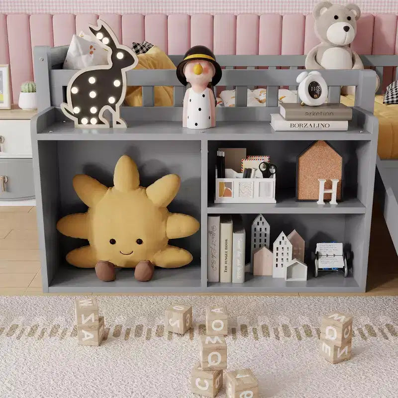 Whisen niedriges Hochbettgestell in Twin-Größe für Kinder mit Rutsche, verschiebbarem Bücherregal, Stauraum und Schutzgittern