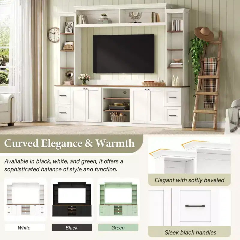 ModernLuxe 4-in-1-Farmhouse-Entertainment-Center als Wandeinheit, passend für Fernseher bis 70, TV-Ständer und Medienkonsole mit verstellbaren Regalen und Schubladen