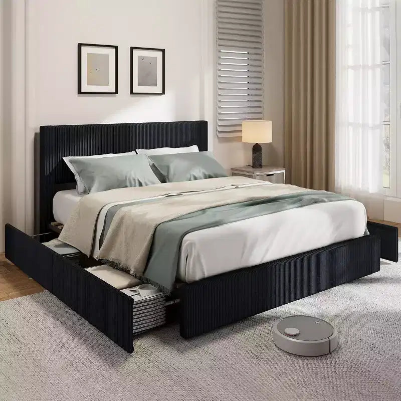 CuisinSmart Corduroy Bed Frame with Headboard, Platform Upholstered Bed Frame with 4 Storage Drawers and Wooden Slats Support