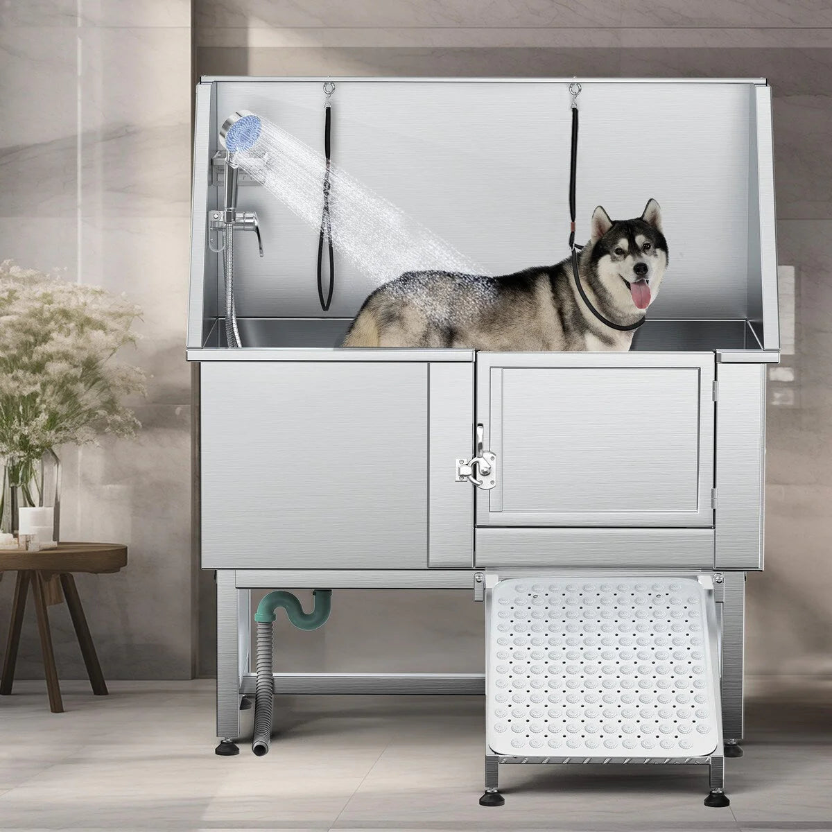 Vasca regolabile in acciaio inox da 50" W per toelettatura degli animali domestici con rampa a gradini