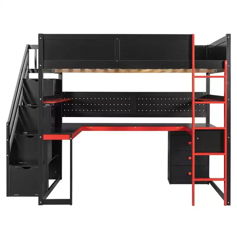 GDFStudio Scott Holz-Hochbett zum Spielen mit Stauraumtreppe, Schreibtisch, Regalen und Lochwand