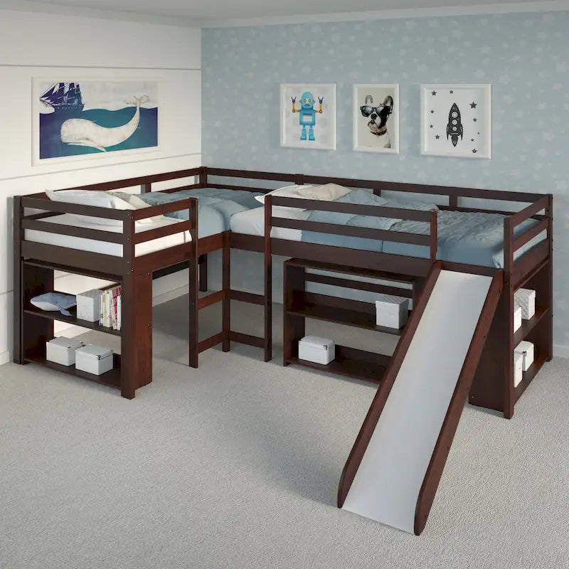 L-förmiges Doppel-Twin-Hochbett-Set mit Rutsche in dunklem Cappuccino