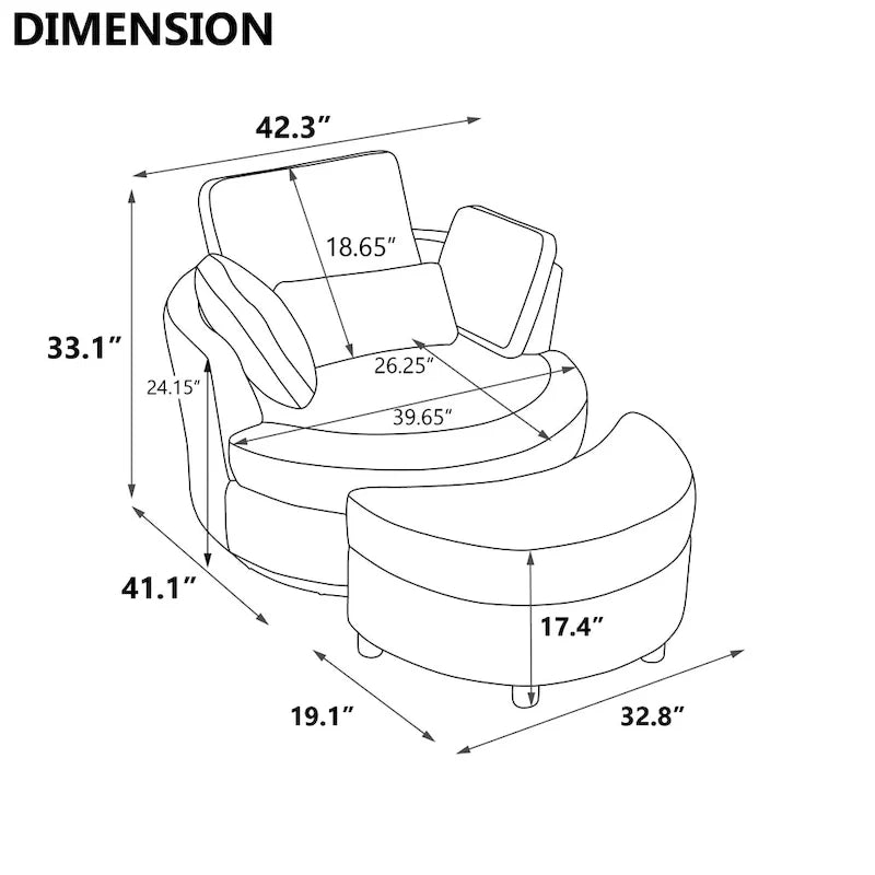 Fauteuil d’appoint pivotant rembourré de 42,3W avec 4 coussins et pouf de rangement demi-lune